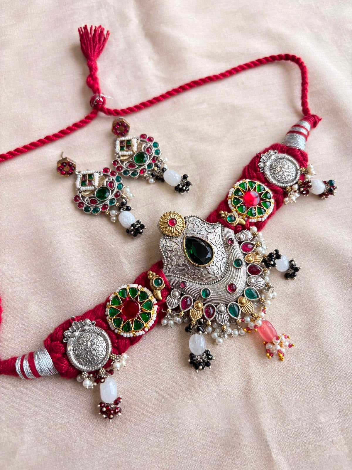 Navratri German Silver Statement Necklace Set – Red Thread, Green & Ruby Stones