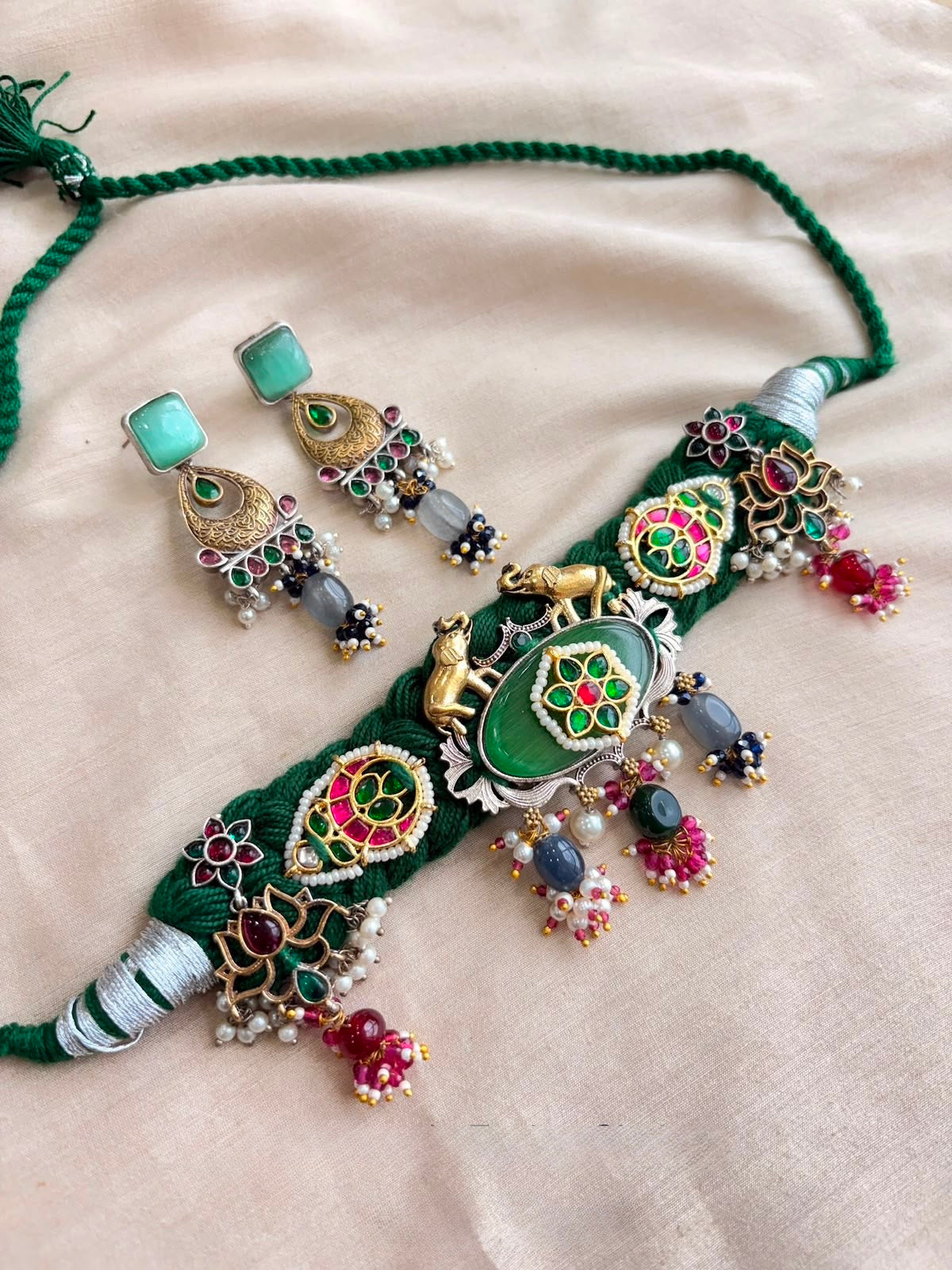 Navratri German Silver Statement Necklace Set – Green Thread, Green & Ruby kundan