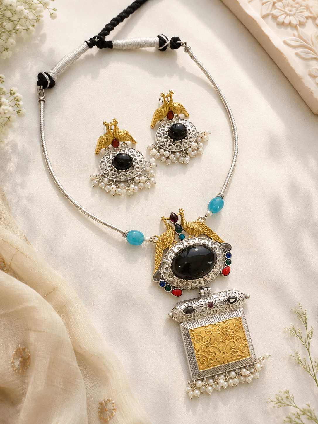 Dual Tone Hasli Necklace Set with Peacock Pendant & Pearl Drop Earrings