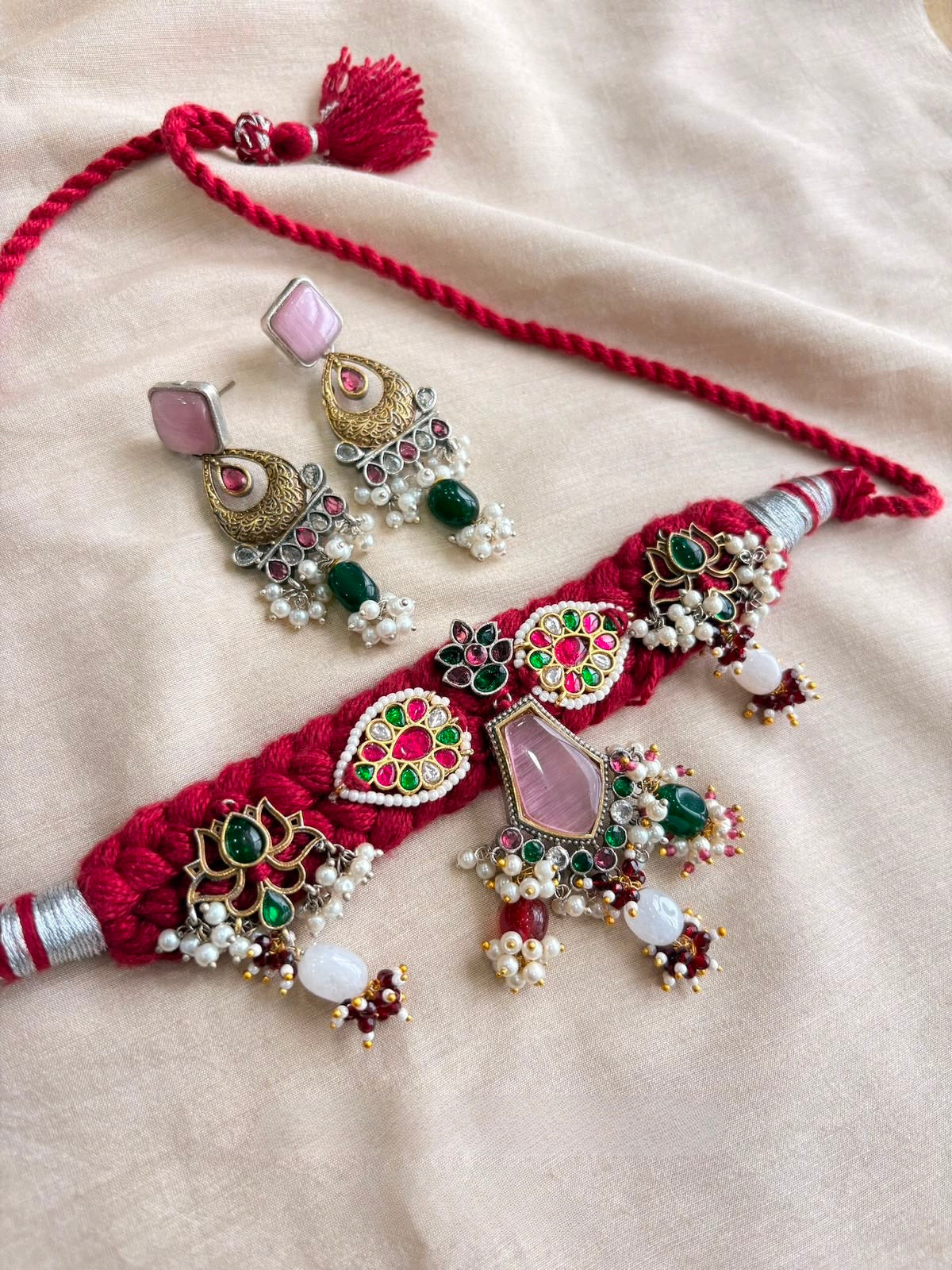 Navratri German Silver Statement Necklace Set – Red Thread, Pink Stone
