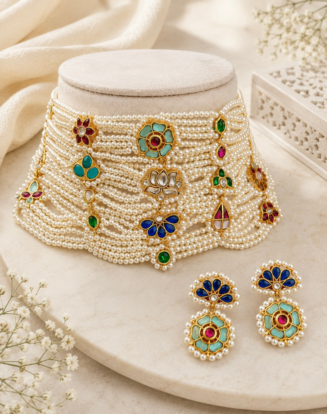 Pachi Kundan Pearl Choker Necklace Set with Earrings – Indian Bridal Jewelry