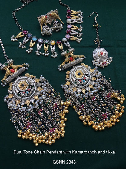 German Silver Set of necklace, earrings, kamarbandh and tika