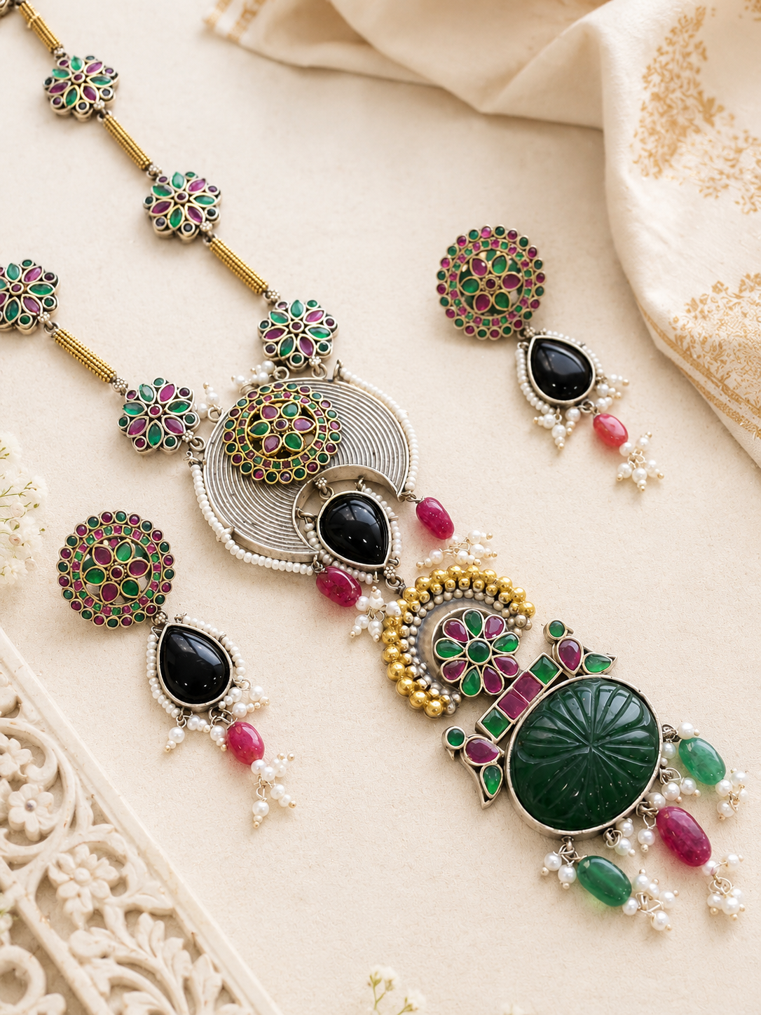 Navratri German Silver Long Necklace Set