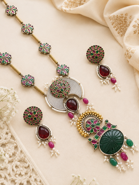 Navratri German Silver Long Necklace Set