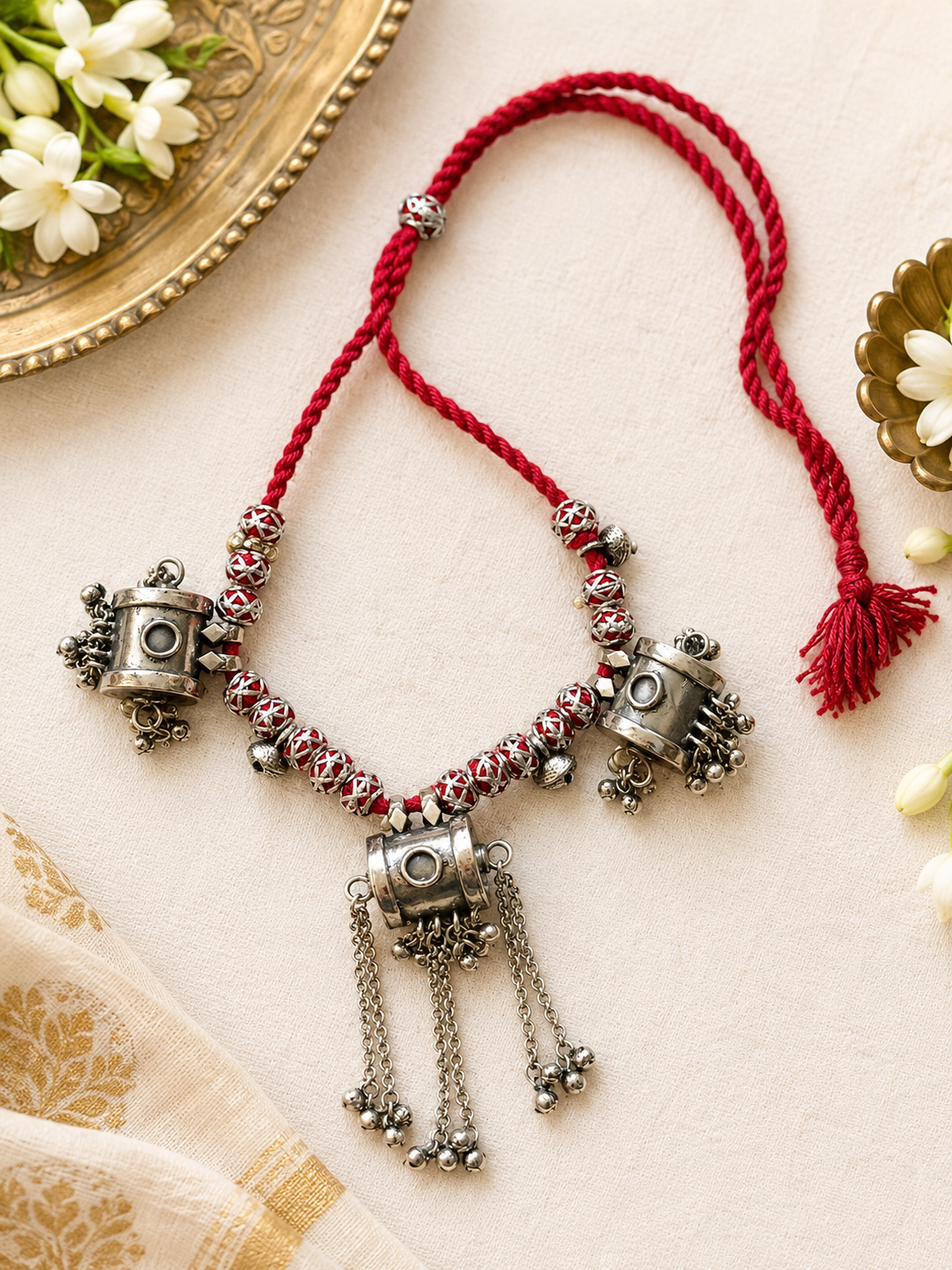German silver taveez and thread necklace
