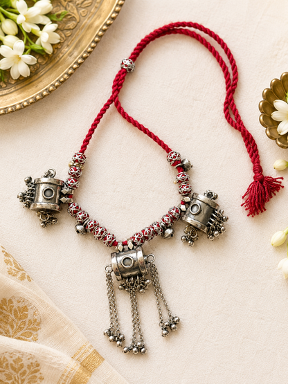 German silver taveez and thread necklace