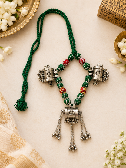 German silver taveez and thread necklace